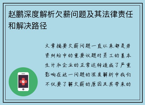 赵鹏深度解析欠薪问题及其法律责任和解决路径 赵鹏深度解析欠薪问题及其法律责任和解决路径